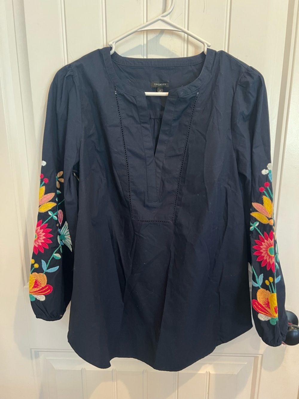 Talbots Navy Tunic with Multi-Color Floral Sleeve Embroidery